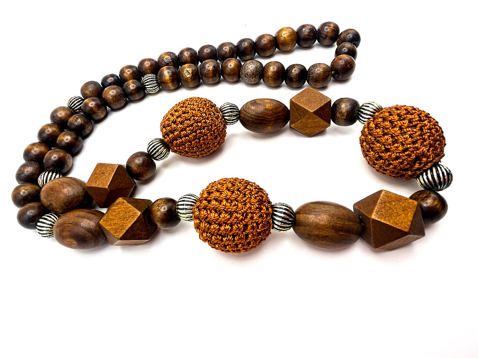 Thumbnail: Vintage Brown Wood & Crocheted Bead Statement Boho Necklace