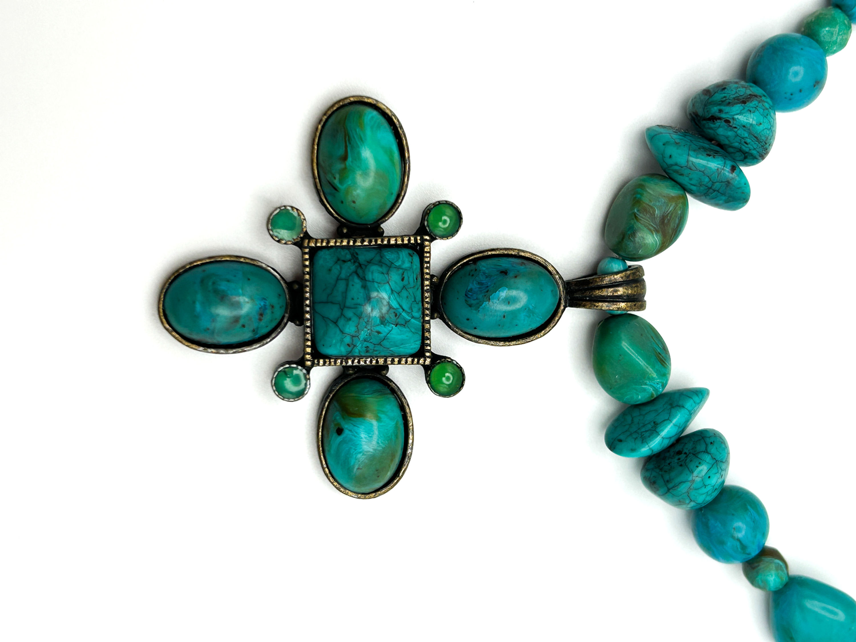 Vintage Faux Turquoise Beaded Necklace with Cross-Style Pendant