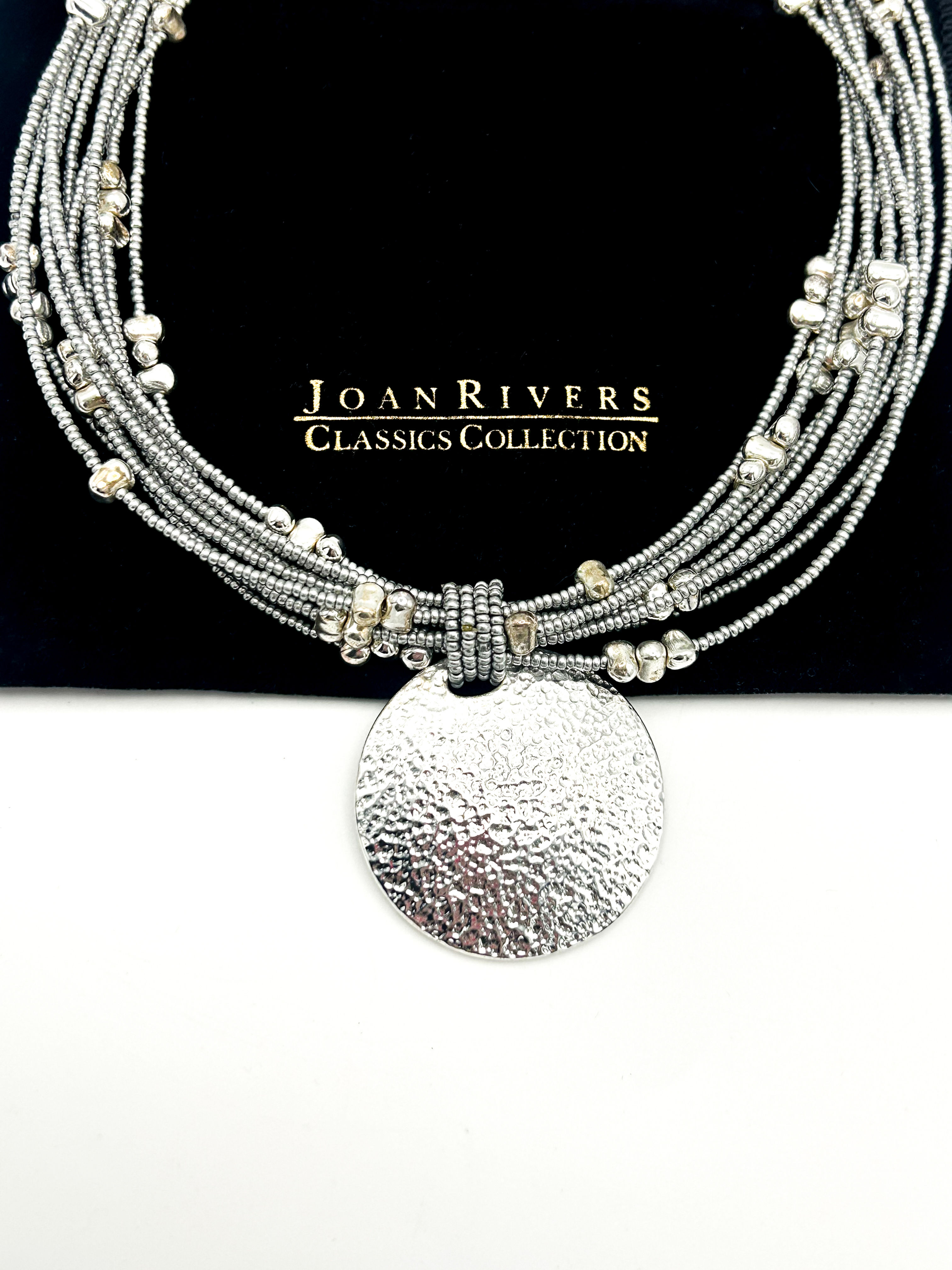 Signed Joan Rivers Silver Tone Multi-strand Hammered Disc Pendant Necklace