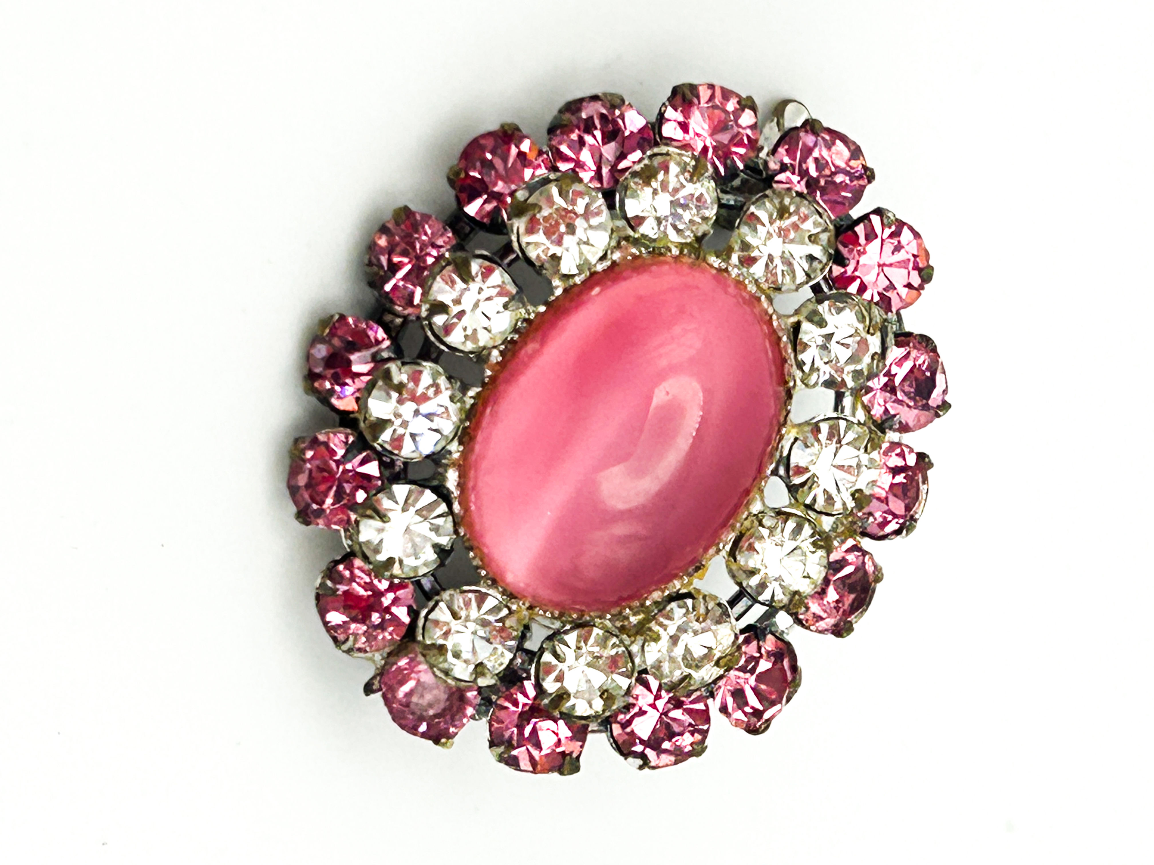 Vintage Pink Moonglow Brooch Rhinestone Halo Lucite Cabochon Pin