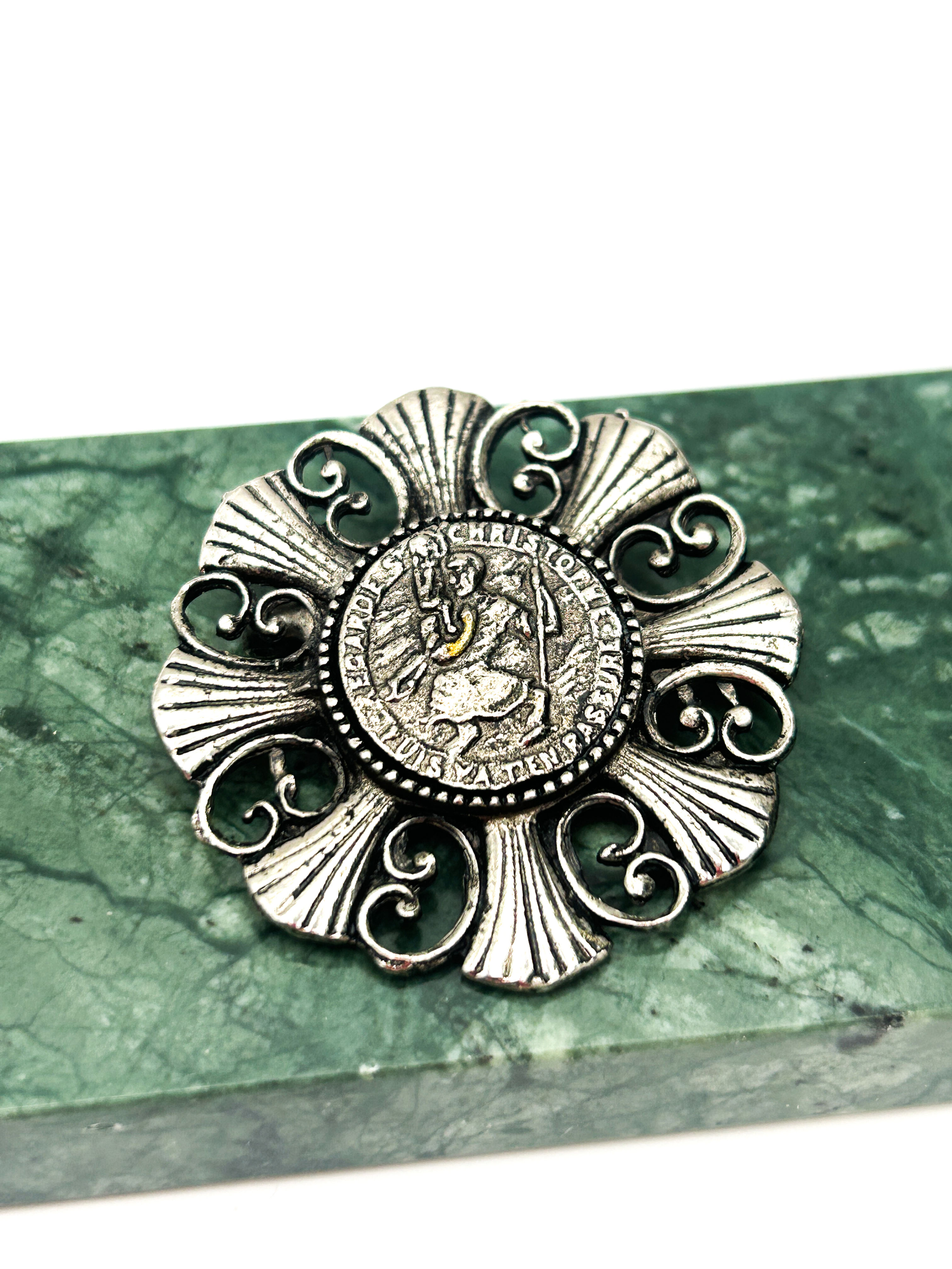 Vintage Silver Tone Saint Christopher Medallion Brooch with Ornate Scroll Frame