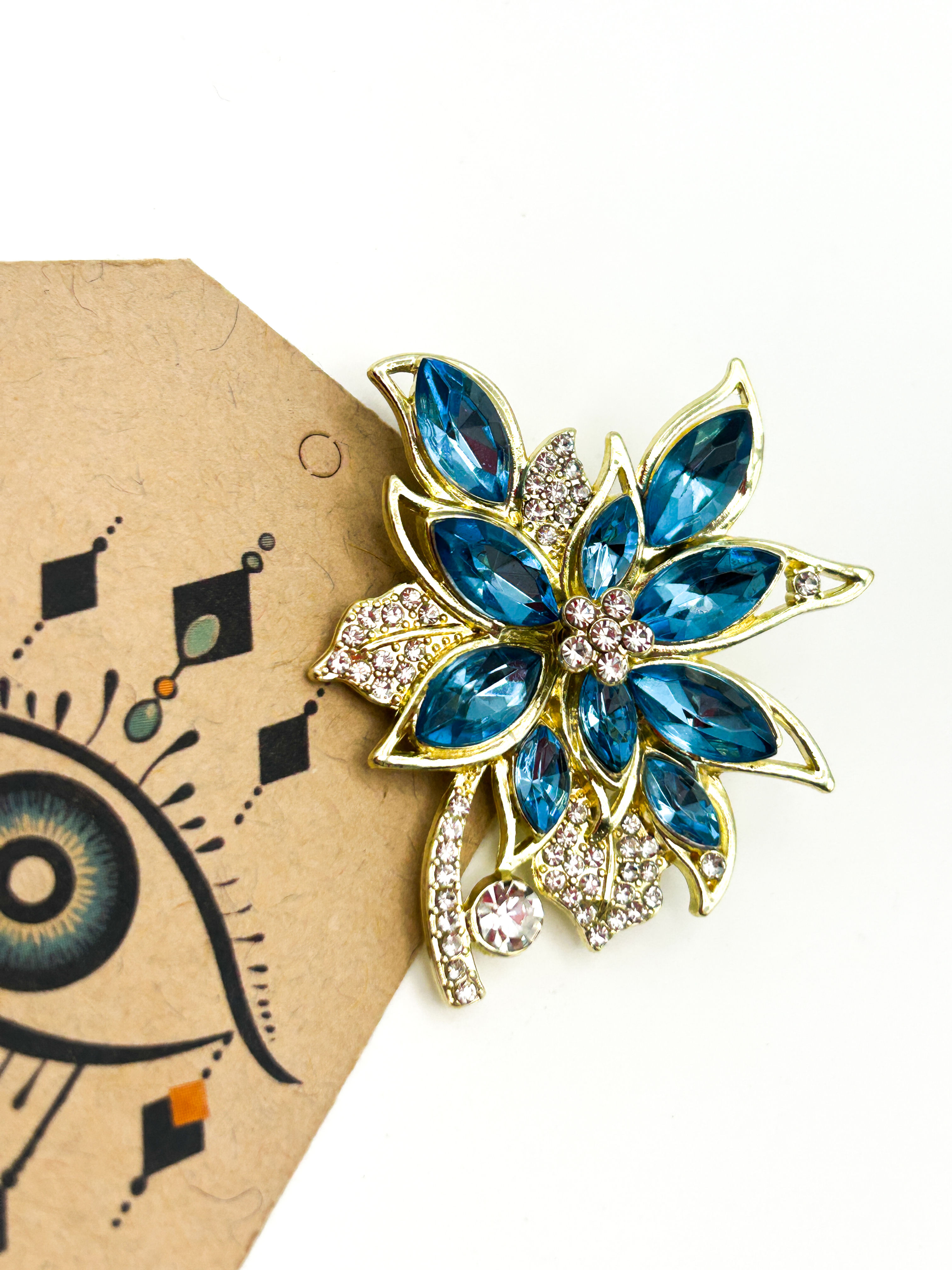 Blue Rhinestone Floral Brooch Bouquet Gold Tone Marquise Crystal Flower Pin