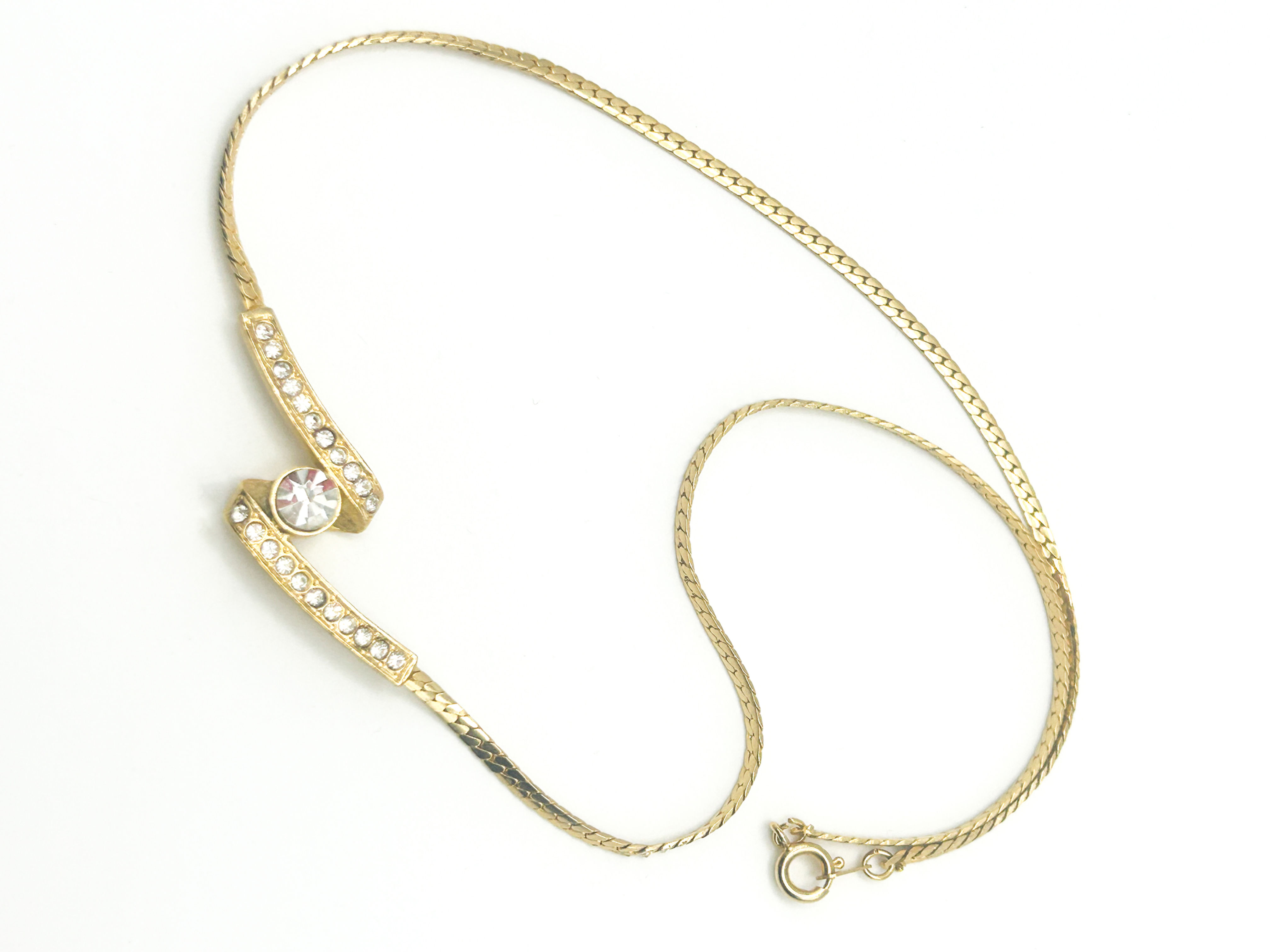 Vintage Gold Tone Rhinestone Ribbon Swirl Necklace