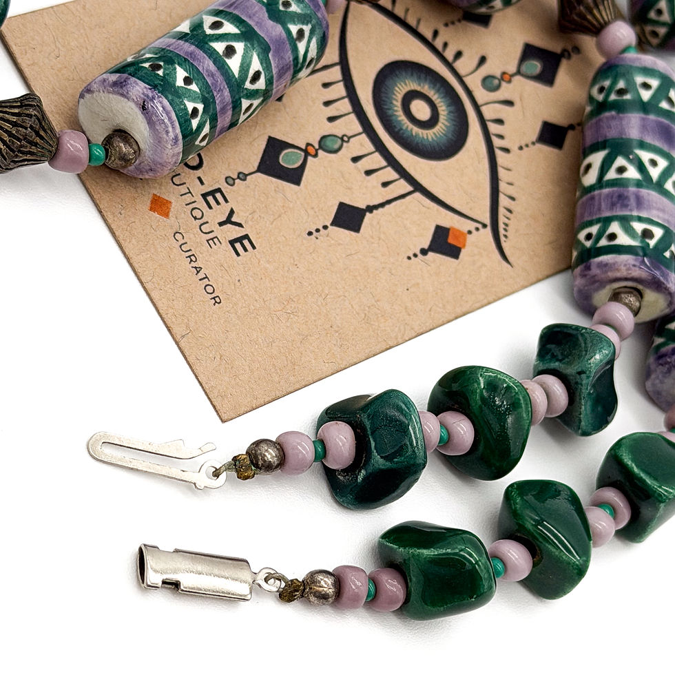 Thumbnail: Painted Ceramic Bead Necklace Green & Lilac Patterned Tube Statement