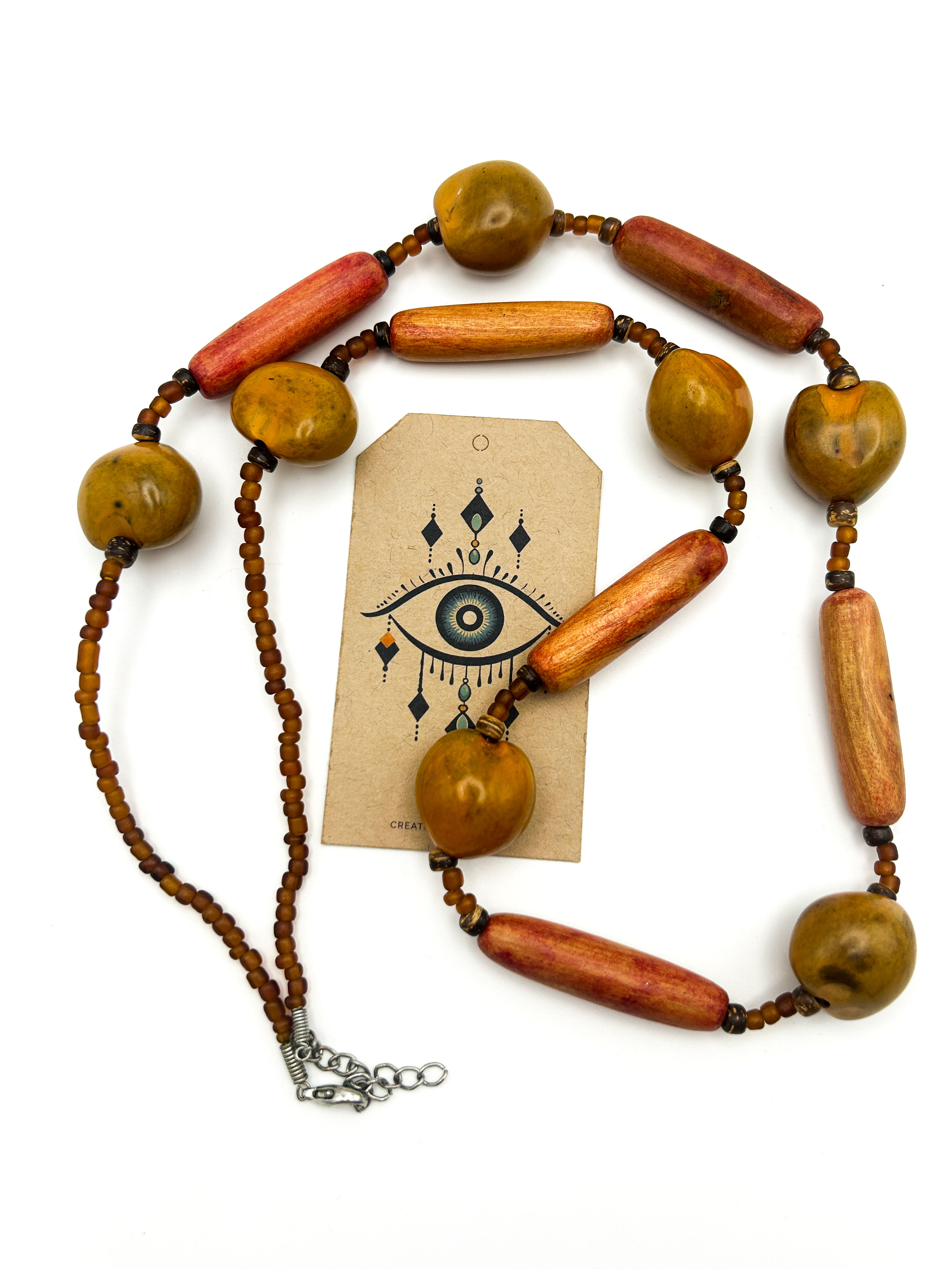Wood and Kukui Nut Beaded Necklace – Orange and Ochre Tones Long Strand