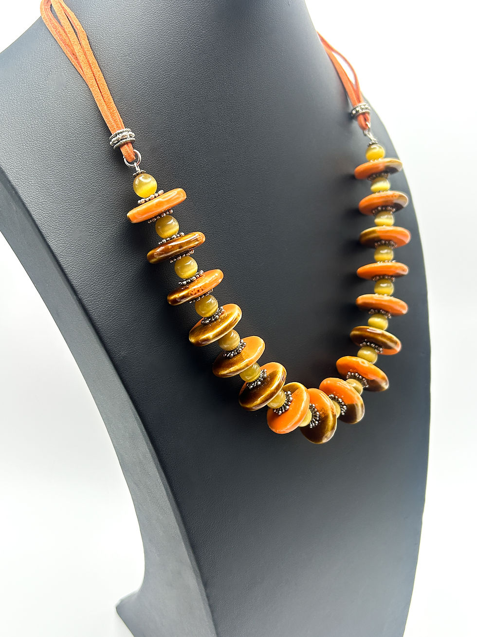 Thumbnail: Vintage Boho Ceramic Disc Necklace with Orange & Brown Beads and Cat’s Eye Glass