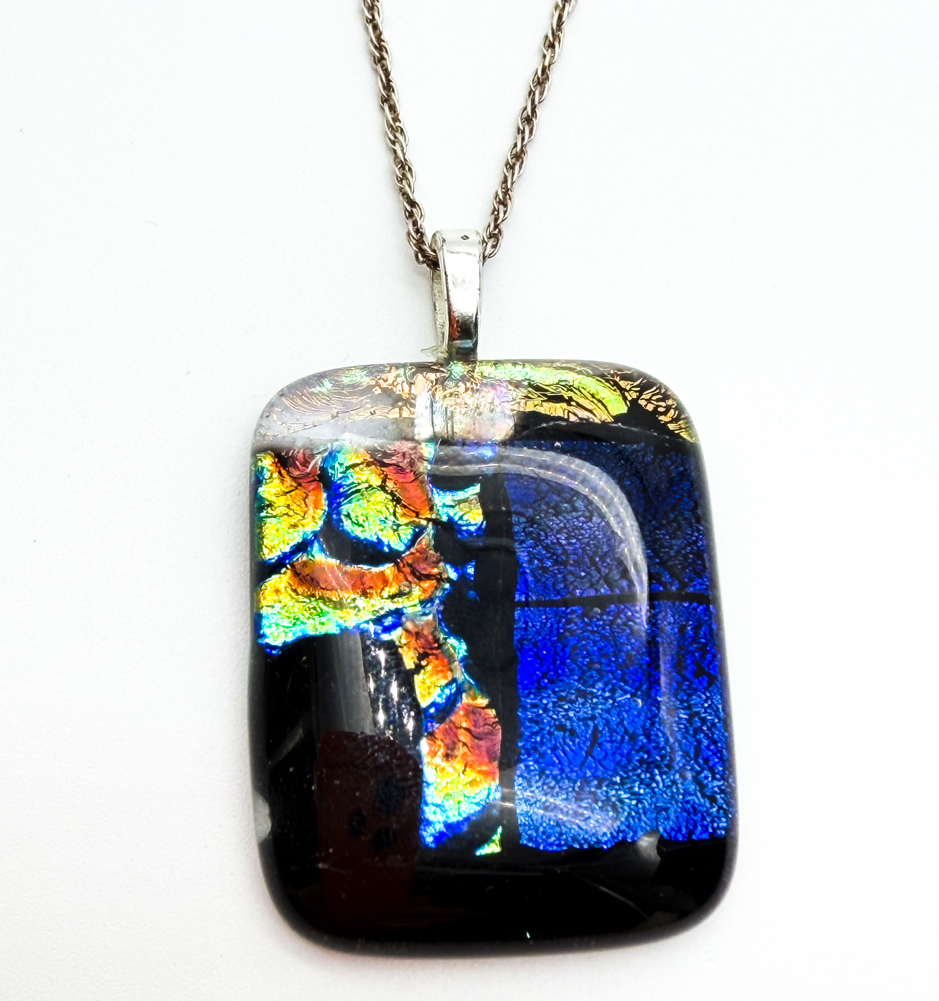 Dichroic Art Glass Pendant Necklace 925 Sterling Silver Chain Blue Iridescent