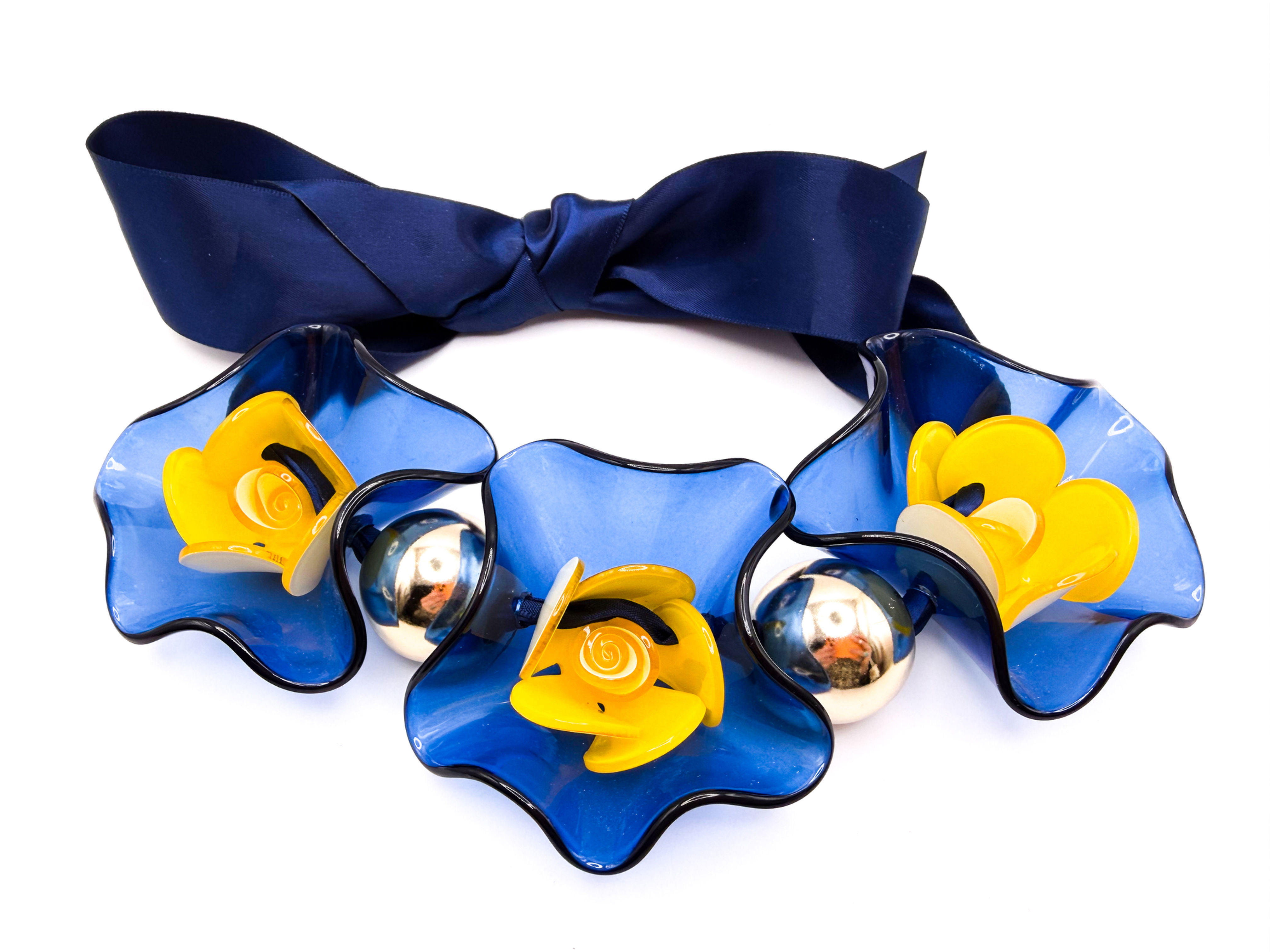 John Lewis Wide Blue Satin Ribbon Floral Statement Necklace