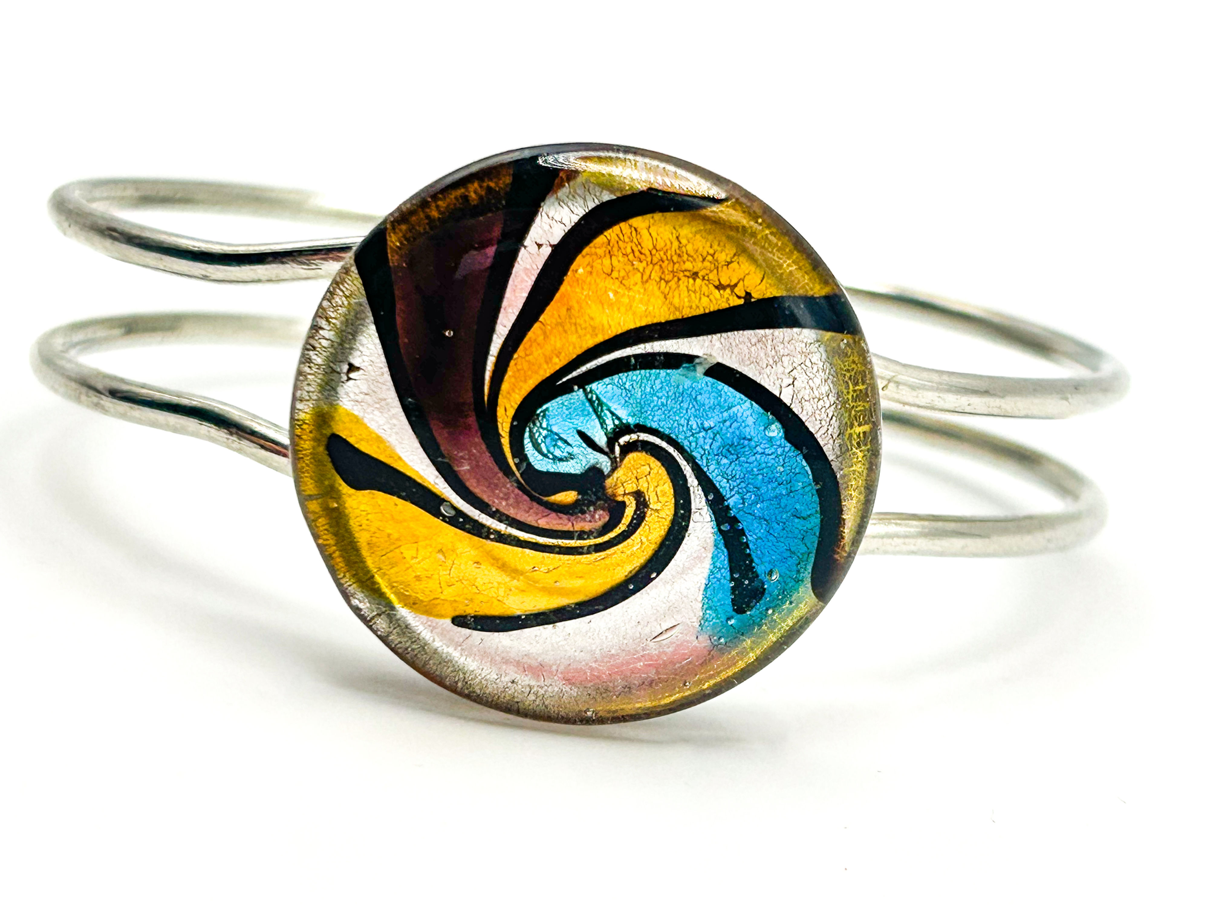 Art Glass Bangle - Yellow, Blue, Purple, Silver Metallic Swirl Clamper Bangle