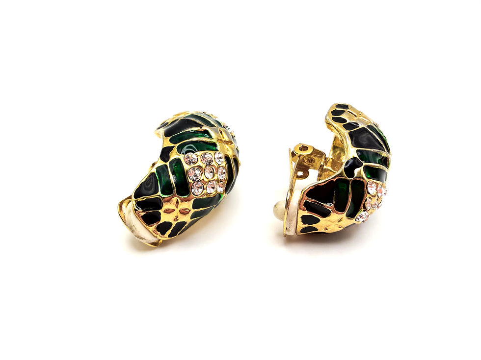 Thumbnail: Vintage Gold Tone Green & Black Enamel Rhinestone Half Hoop Clip-On Earrings