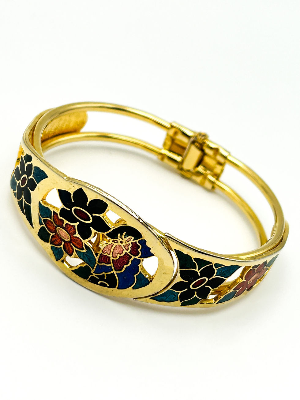 Thumbnail: Gold Tone Cloisonné Enamel Bangle Floral Butterfly Hinged Snap Vintage Bracelet