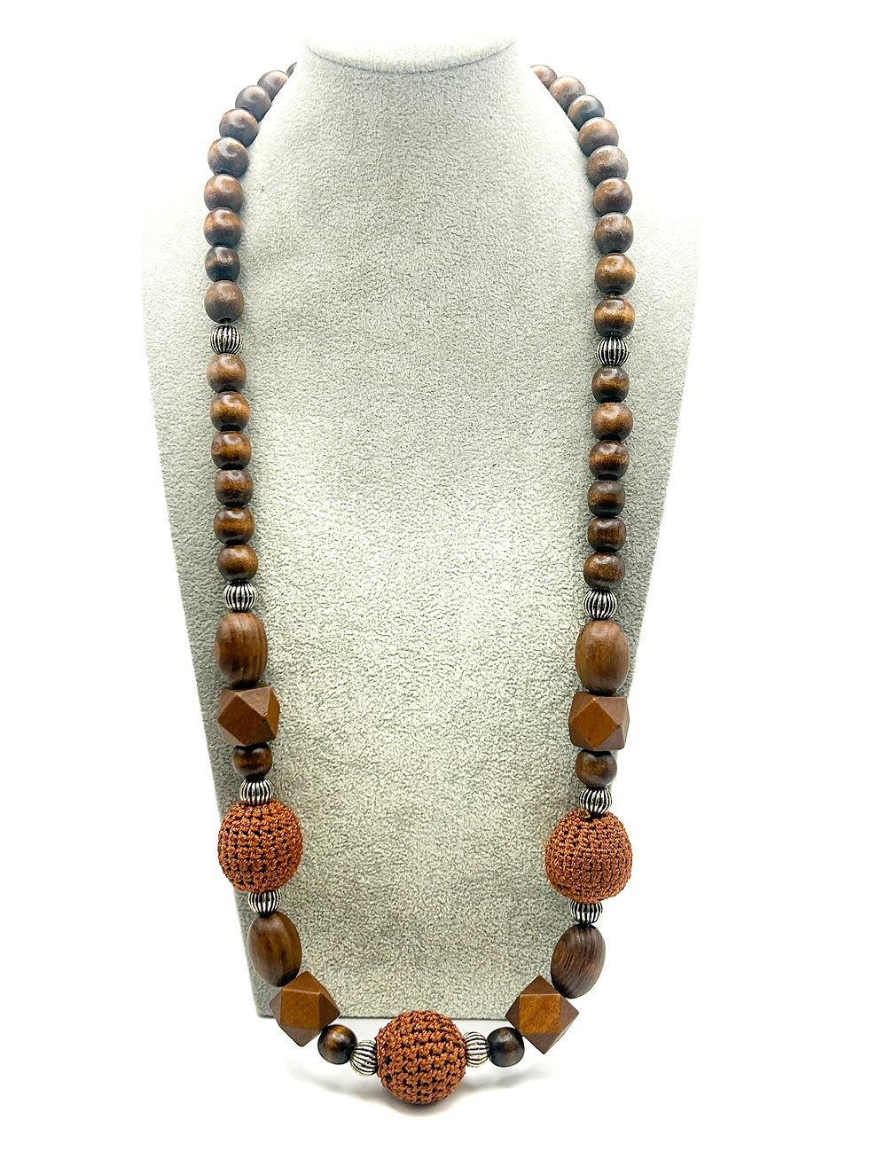 Thumbnail: Vintage Brown Wood & Crocheted Bead Statement Boho Necklace