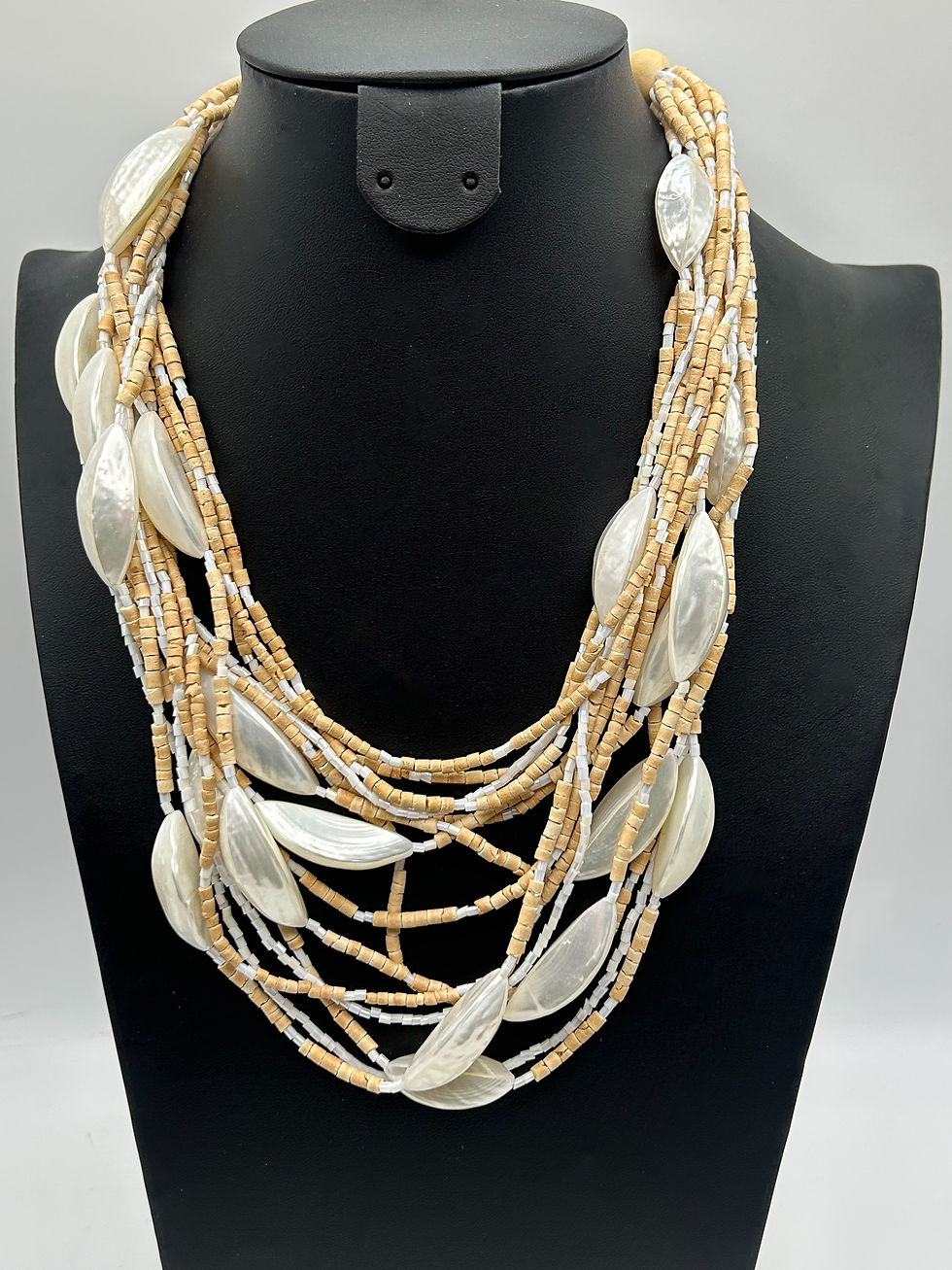 Thumbnail: 15 Strand Multi-Layer Coral & Mother of Pearl and Seed Bead necklace
