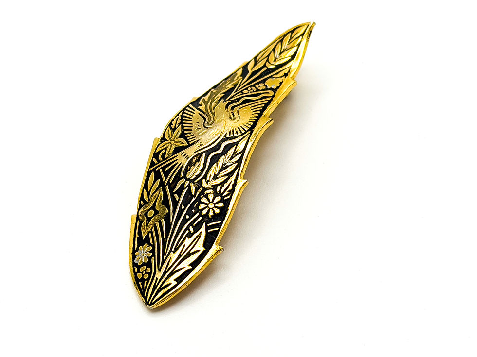 Thumbnail: Vintage Damascene Feather / Leaf Bird Brooch
