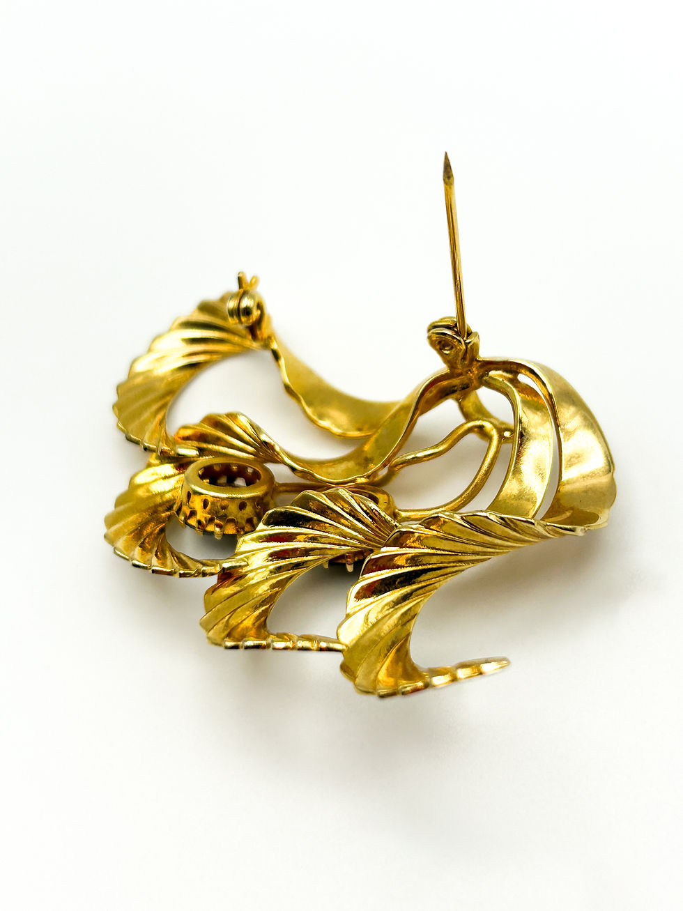 Thumbnail: Vintage Art Nouveau Style Gold Tone Abstract Ribbon Brooch Green Rhinestones
