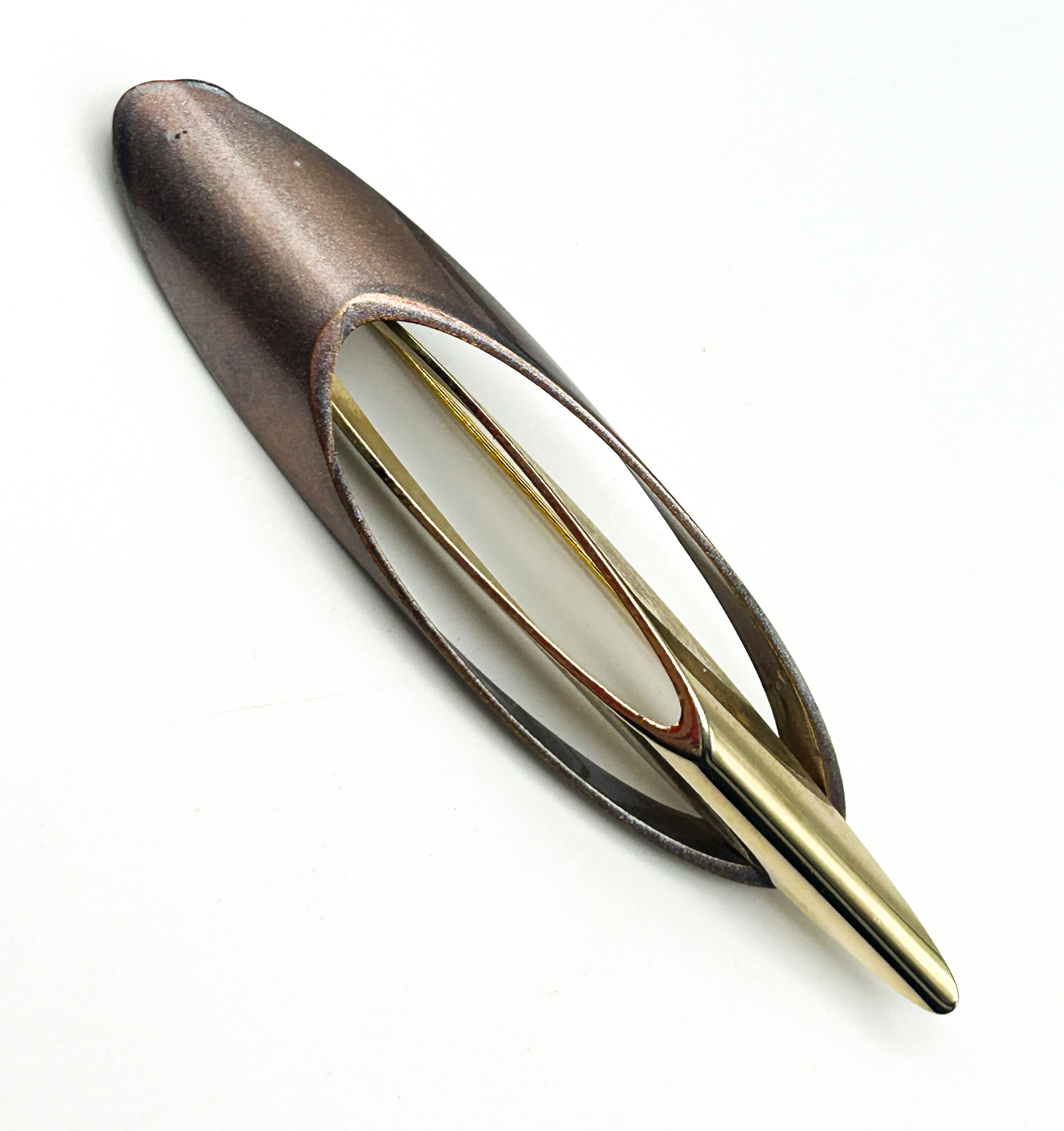 Vintage Modernist Bar Brooch Two Tone Metal Scandinavian Style Abstract Pin