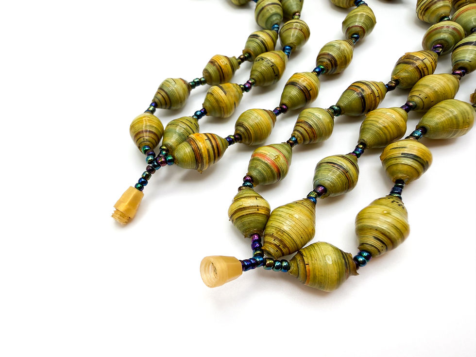 Thumbnail: Vintage Multi-Strand Yellow & Green Beaded Necklace - Faux Rolled Paper Beads
