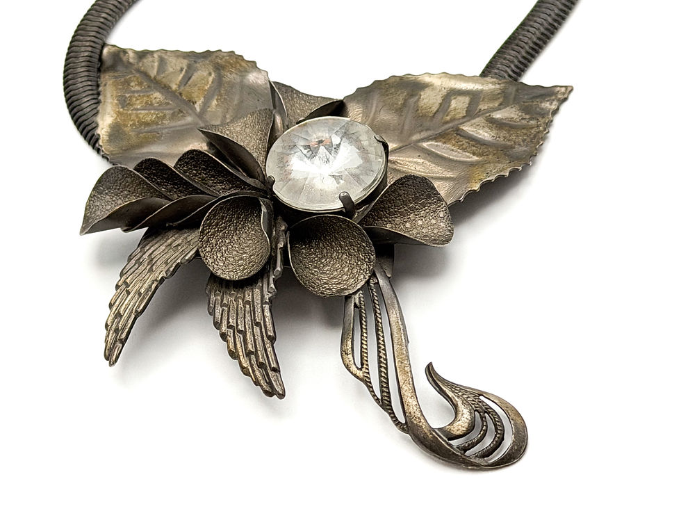 Thumbnail: Art Nouveau Style Floral Leaf Statement Necklace with Swirl & Rhinestone Detail