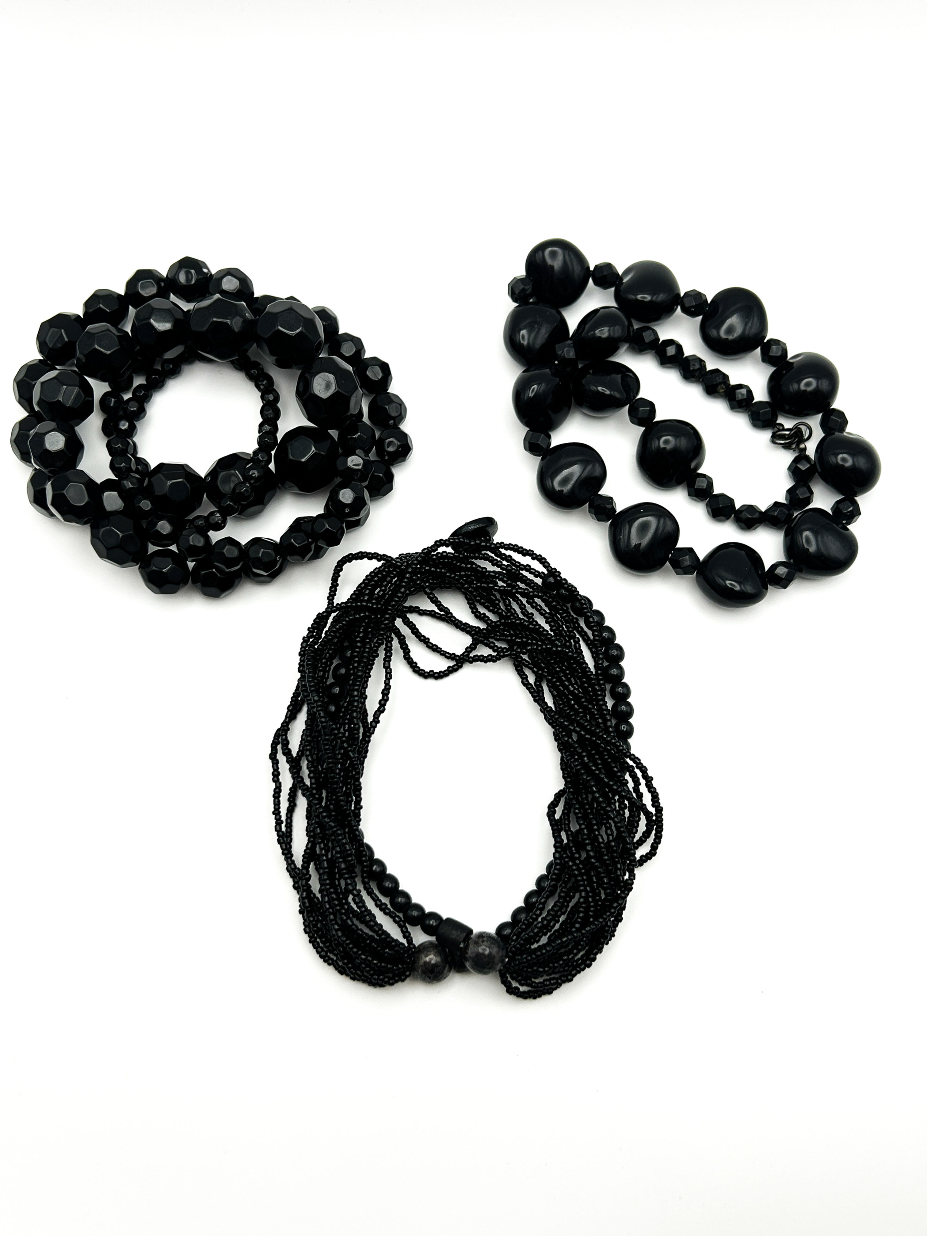 Vintage Black Acrylic Necklace Trio – Faceted, Seed & Pebble Bead Set
