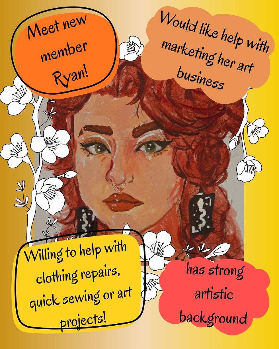Illustration by member Ryan K, depicting an individual with pale skin, red, curly, shoulder-length hair, strong eyebrows and gaze looking directly at the viewer.