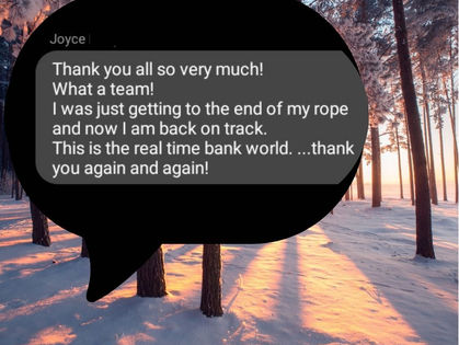 A text box showing a PATB community member thanking others for helping her. Background is a snowy forest scene.