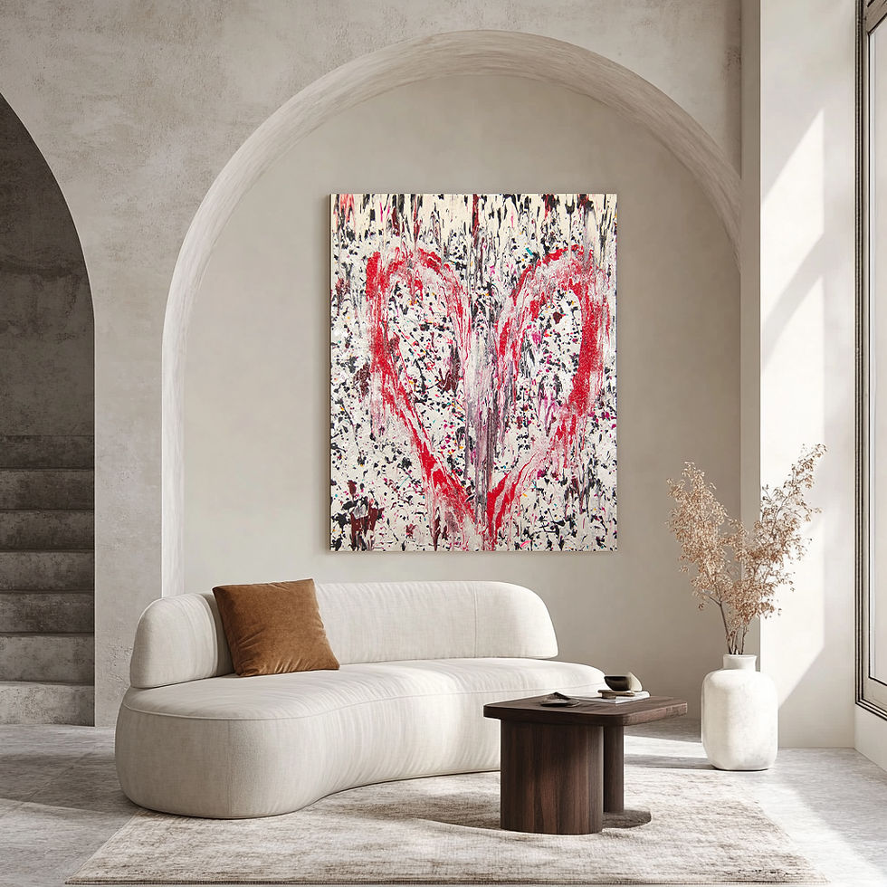 Red heart painting over white background in interior space