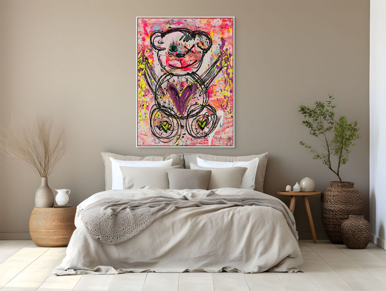 Black brushless outlined Bear Character on pink background with fluorescent yellow & violet accents. Interior Photography