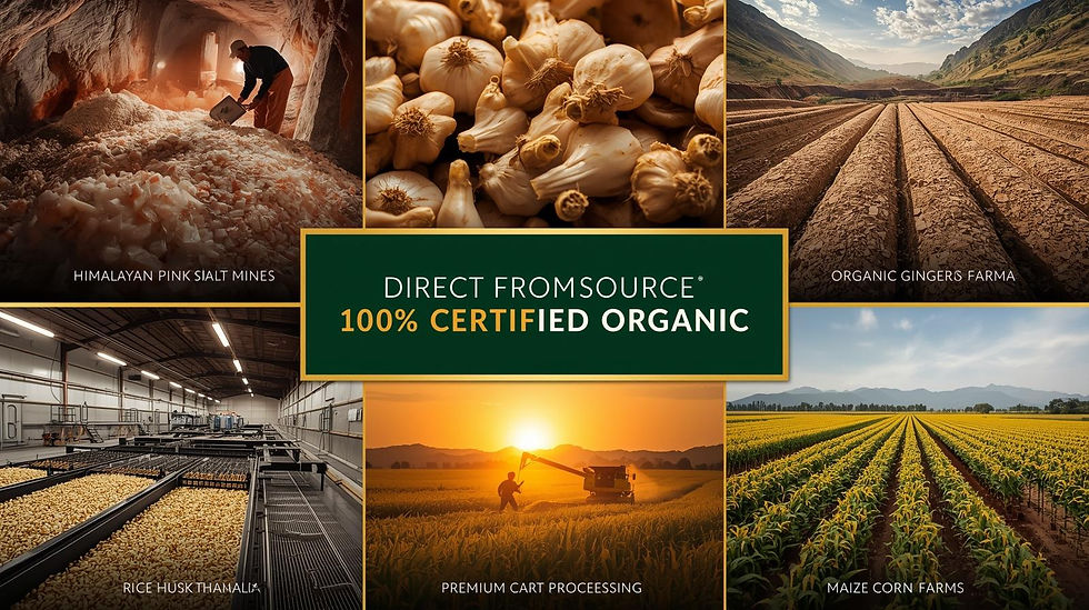 A sophisticated professional collage showcasing our global organic product sources. The la