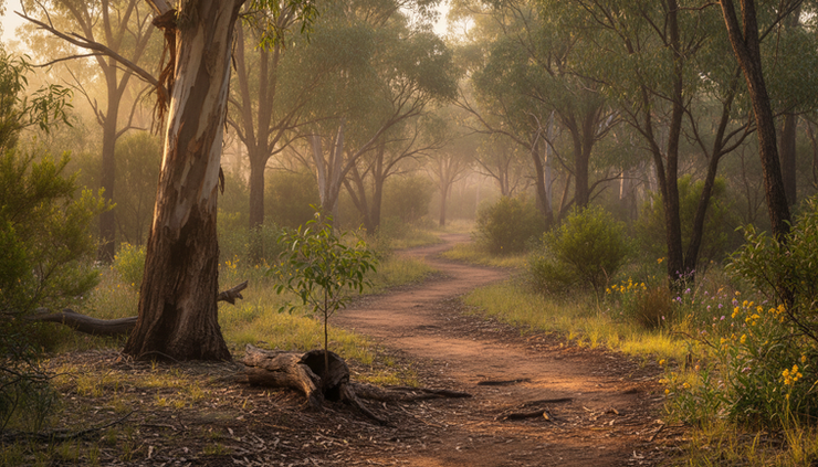Wide-angle view of a quiet walking track through native bushland at sunrise.