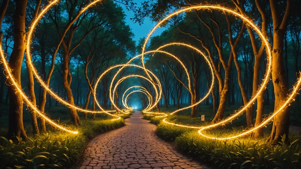 An abstract depiction of intuition illustrated through winding paths and glowing lights
