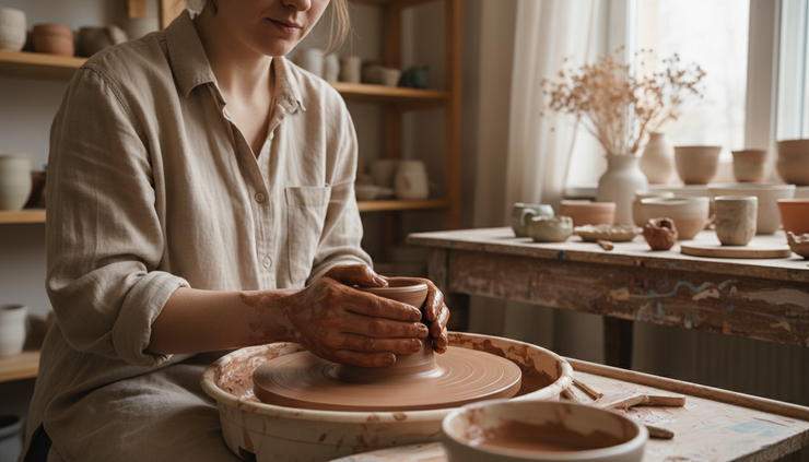Close-up view of hands shaping clay on a pottery wheel.