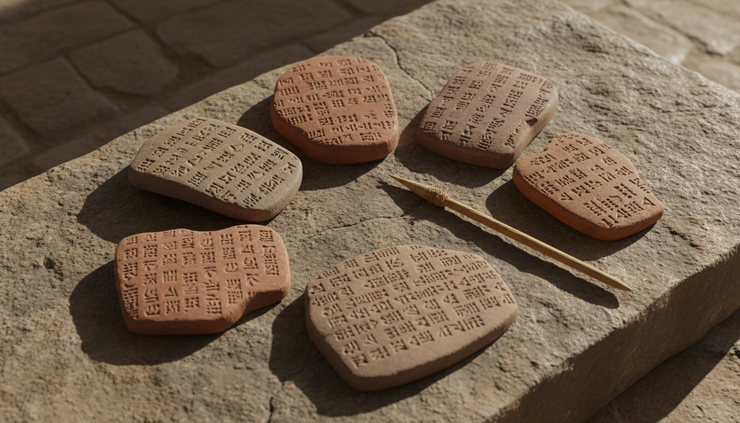 Wide-angle view of ancient clay tablets beside a reed stylus on a stone surface