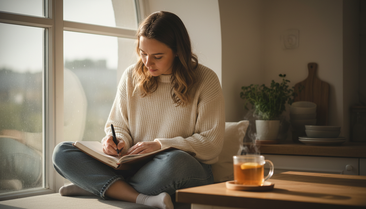 Eye-level view of a person writing in a journal beside a sunny window.