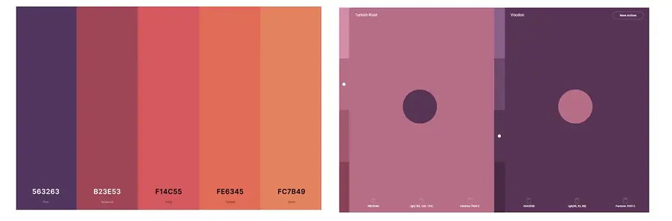 Two color palettes are displayed side by side. The left palette features a gradient of warm colors: dark purple (#563263), deep red (#B23E53), coral (#F14C55), orange (#FE6345), and tangerine (#FC7B49). The right palette shows two swatches labeled 'Turkish Rose' and 'Voodoo,' featuring muted mauve, burgundy, and deep purple tones with a central circle demonstrating complementary shades.