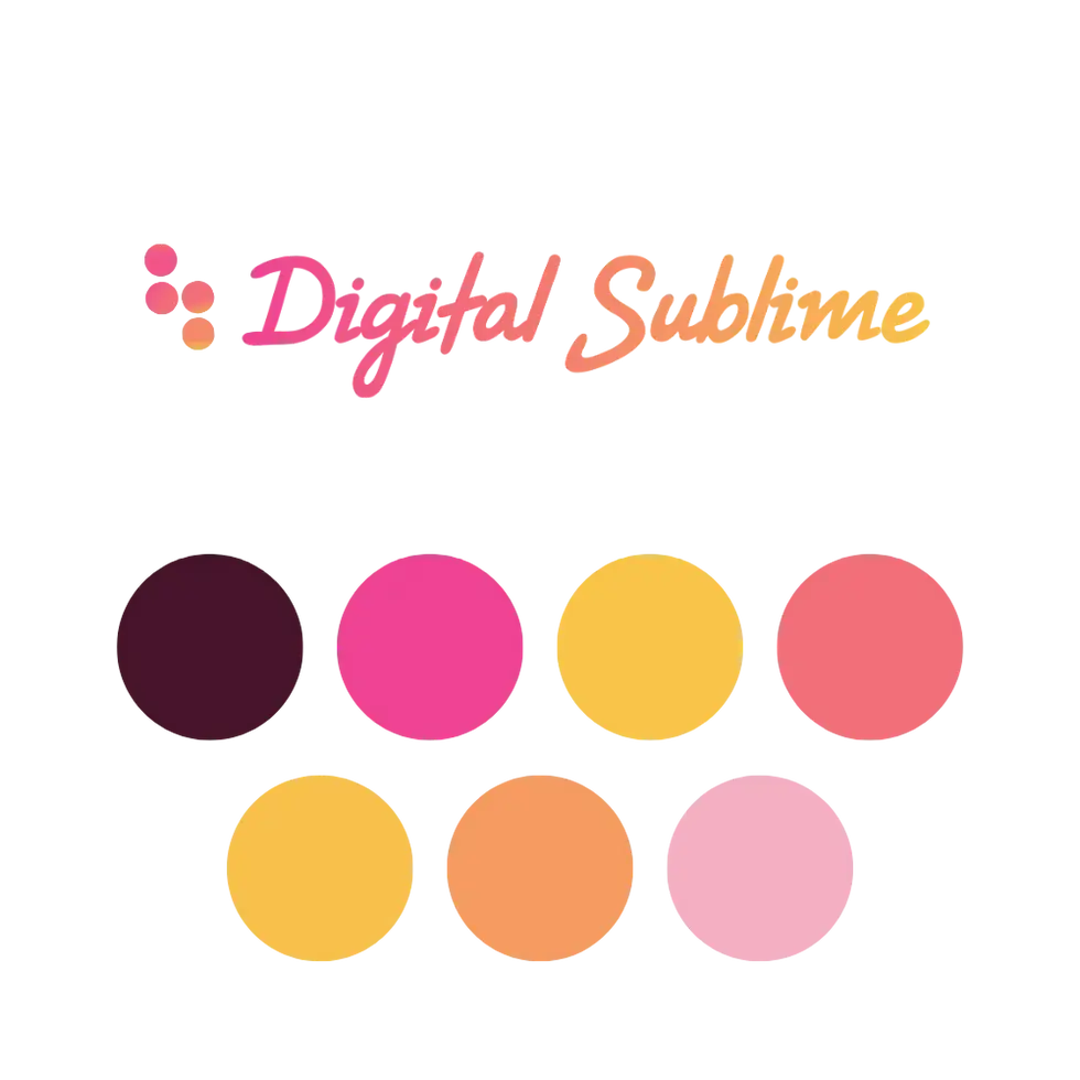 Digital Sublime logo in a cursive script with a sunset color gradient, accompanied by a color palette featuring shades of dark maroon, bright pink, mustard yellow, peach, and soft pink