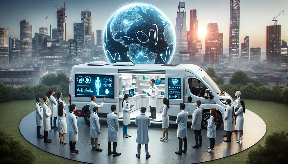 An illustration of a futuristic mobile health command center by Global iMed, with a diverse team of healthcare professionals congregating around an innovative vehicle. The vehicle is equipped with advanced technology, displaying a holographic globe and various health statistics, symbolizing a worldwide network of health and disease management. The scene is set against the backdrop of a modern cityscape, blending urban development with green spaces, signifying a harmonious balance between technology, health, and the environment. This represents the cutting-edge approach to healthcare that Global iMed embodies, poised to empower communities and individuals globally.