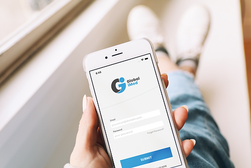 Global iMed casual iPhone mockup, featuring the Global iMed brand on the smartphone screen.