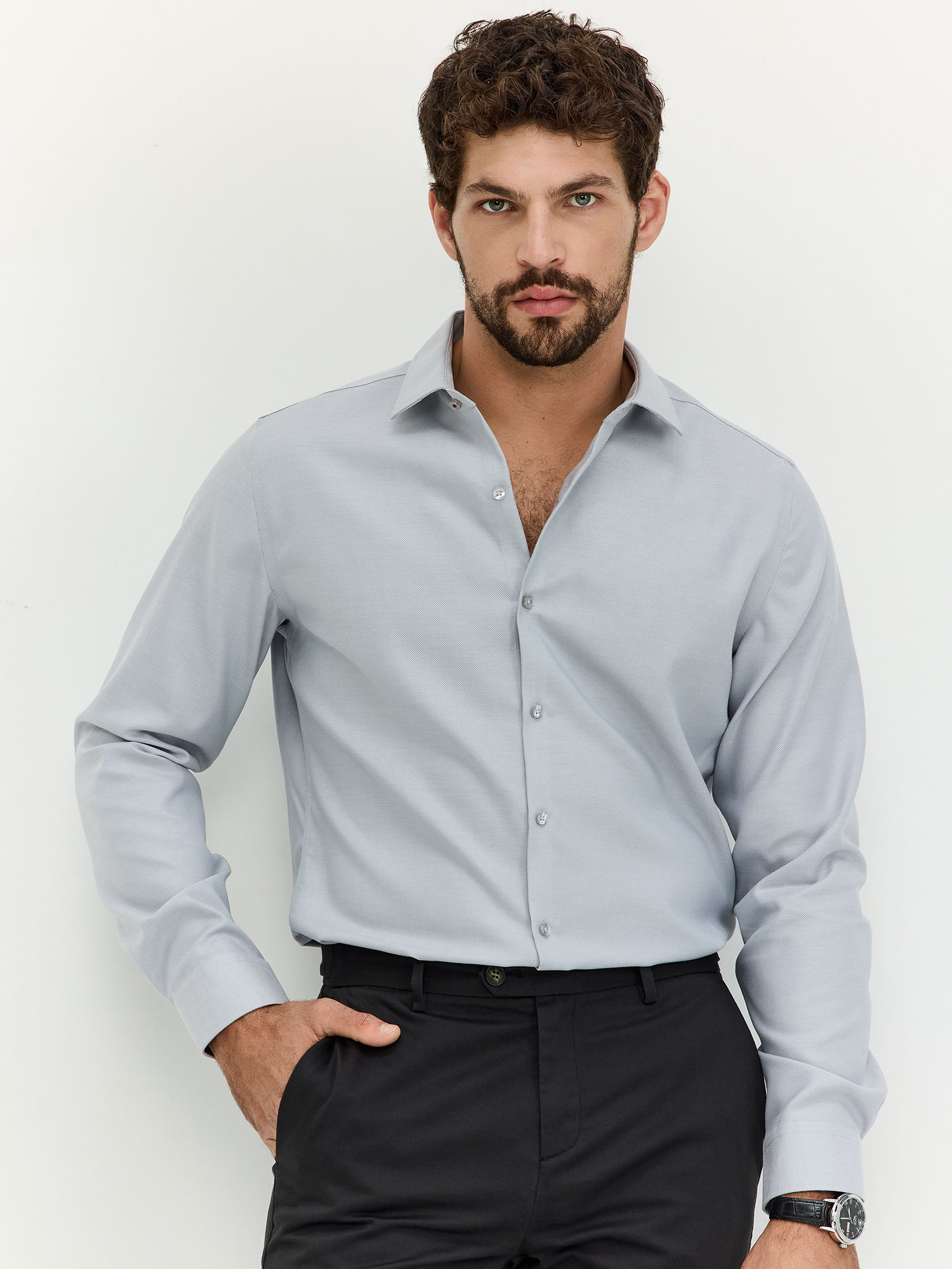 HECHTER PARIS חולצה מכופתרת NON IRON ג'קארד מודרן פיט