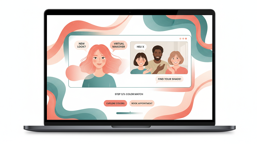 Eye-level view of a laptop screen showing a virtual hair color consultation session
