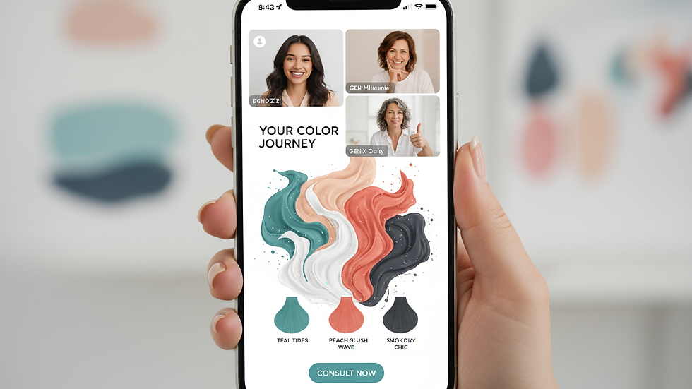 Close-up view of a smartphone showing a hair color palette during an online consultation
