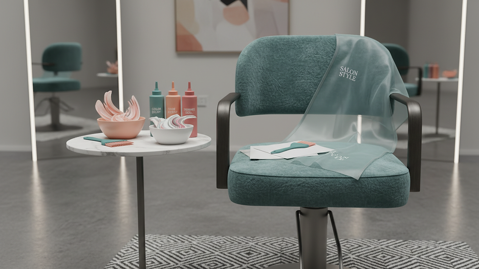 Eye-level view of a luxury salon chair with hair color tools neatly arranged