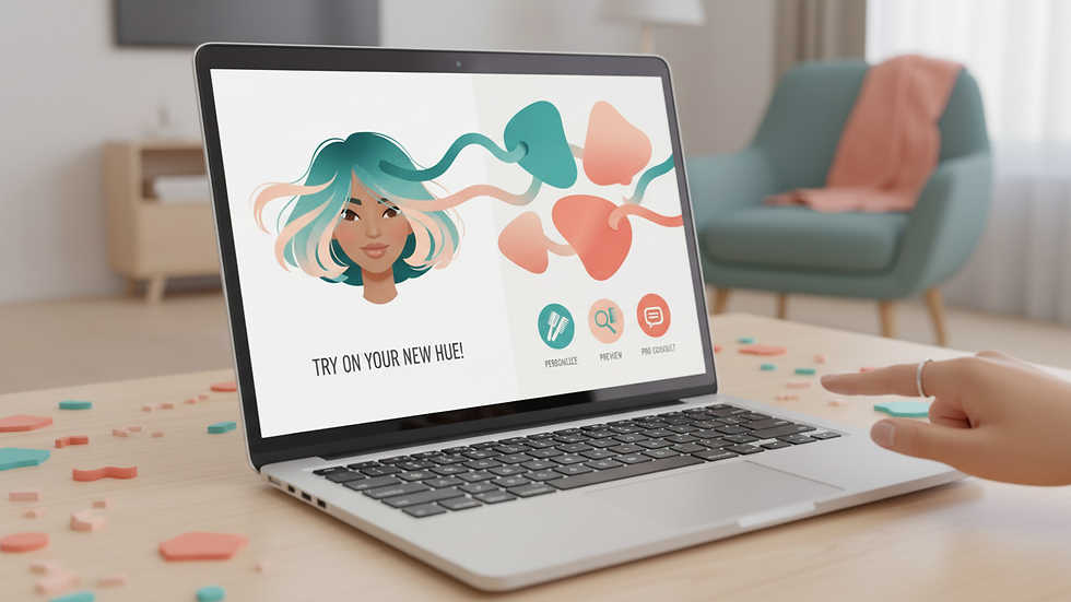 Eye-level view of a sleek laptop displaying a virtual hair color consultation session