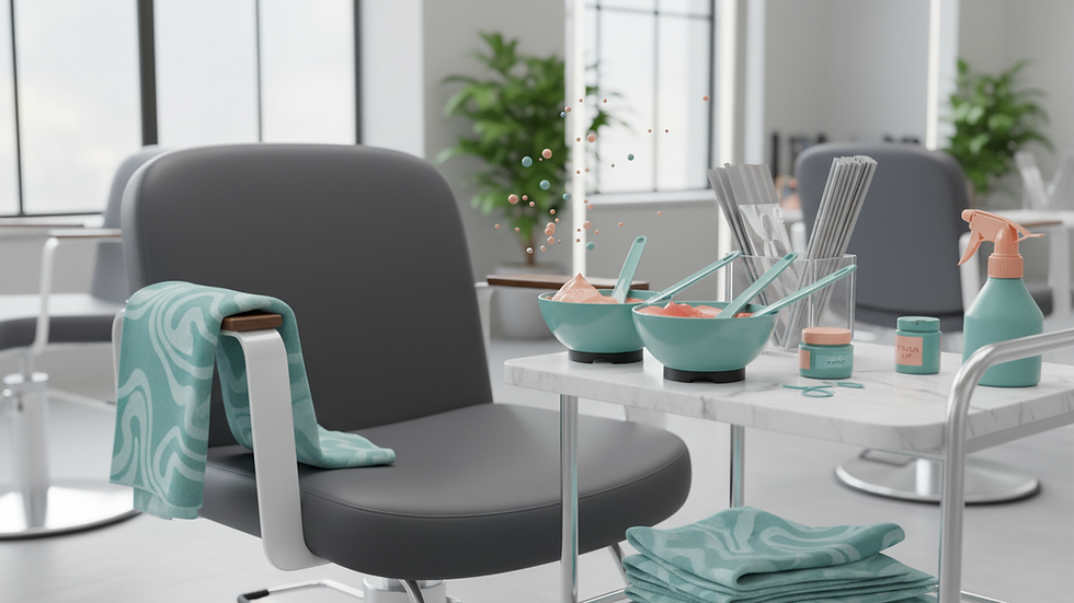 Eye-level view of a modern salon chair with hair color tools neatly arranged