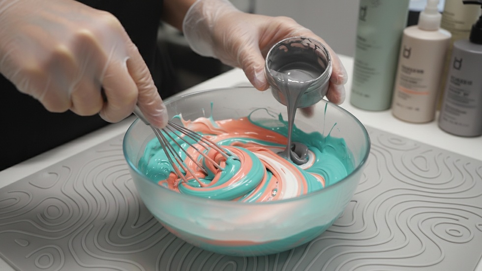 Close-up view of a stylist mixing hair color in a bowl