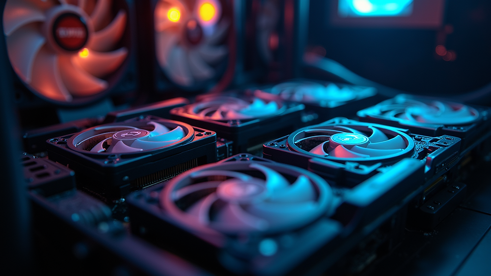 Eye-level view of a cryptocurrency mining rig with multiple GPUs
