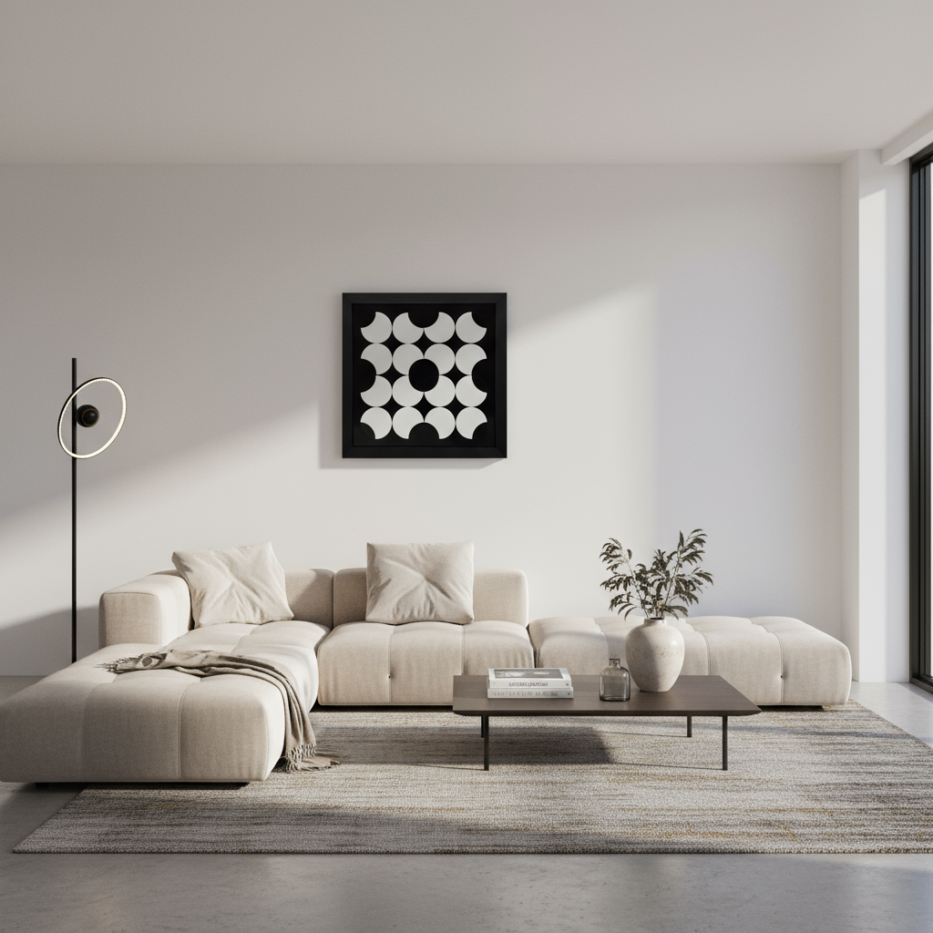 Kinetic art sculpture titled ENTROPY, featuring twelve interconnected circles rotating in a 4x4 grid, creating evolving fluid visual patterns and a mesmerizing experience inspired by the physics of entropy.