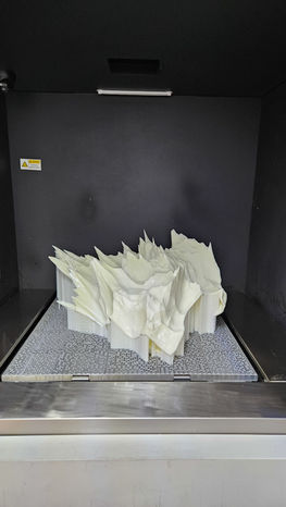 A white resin component for Spectra inside the production equipment, before assembly and surface finishing.