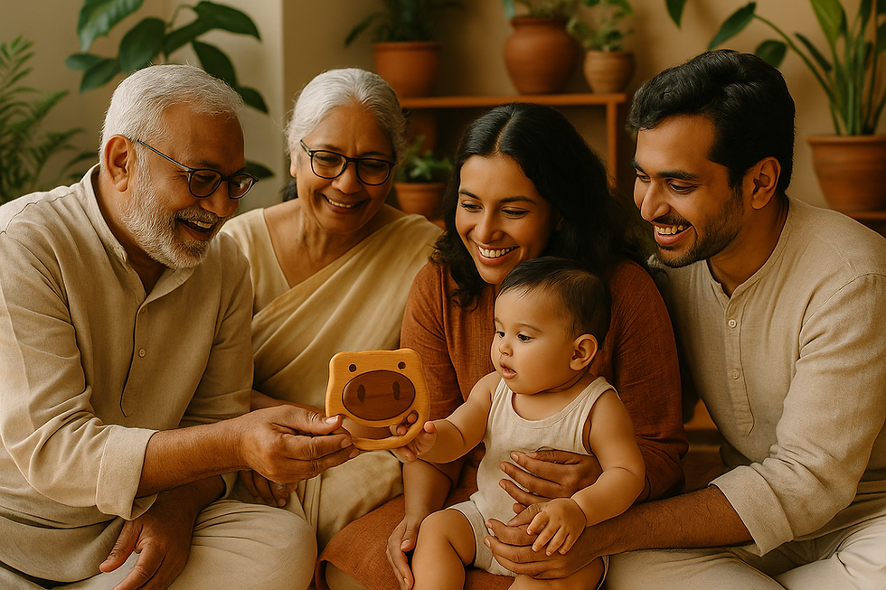 A joyful Indian family with grandparents, parents, and a baby sitting together indoors, smiling as the grandfather shows the baby a handcrafted wooden rattle from HippoToys, symbolizing connection across generations