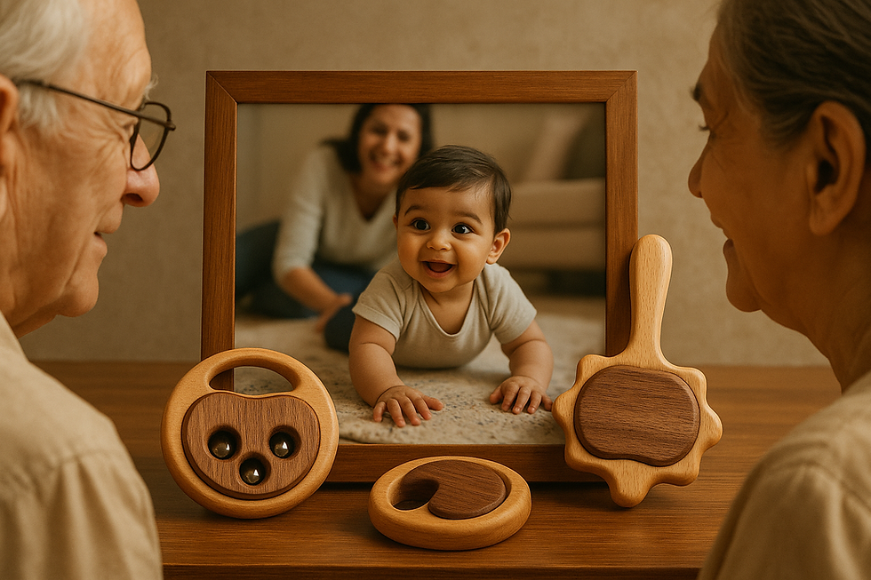 Grandparents admiring handcrafted wooden rattles placed in front of a framed photo of a smiling baby, symbolizing timeless connection and the legacy of natural play