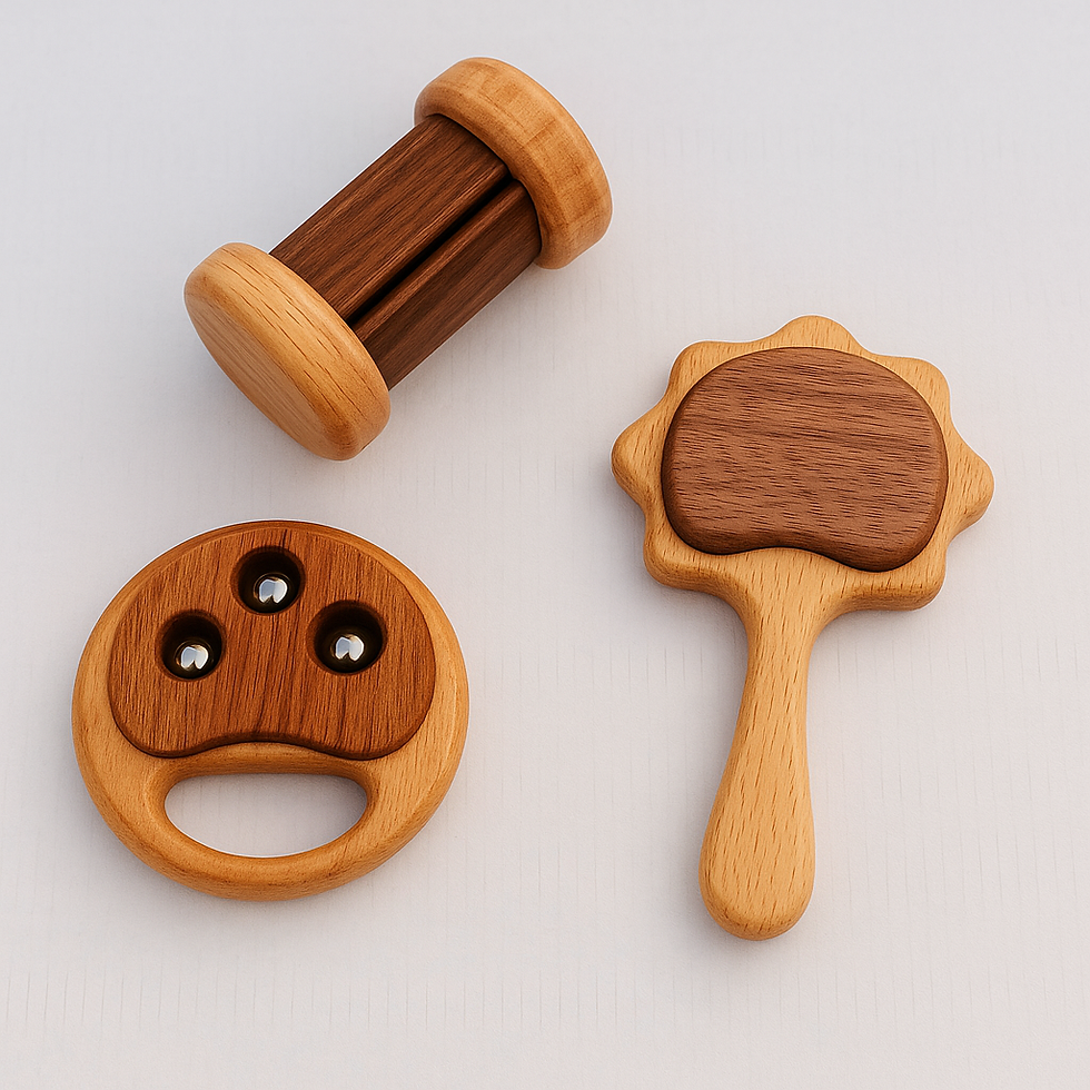 Three handcrafted wooden rattles in natural and dark wood tones, beautifully shaped for baby hands—featuring a sun-handle rattle, a roller rattle, and a triple-bead sensory rattle, laid flat on a light background